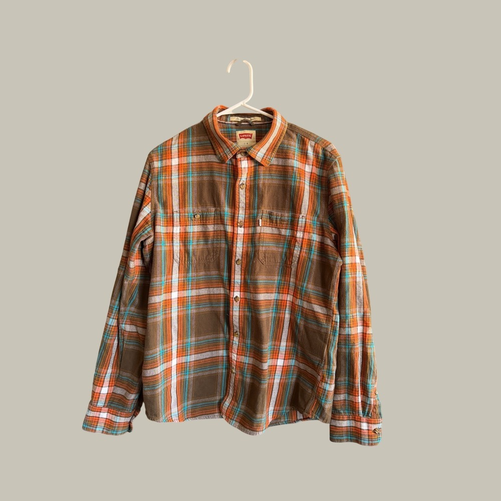 Levis Mens Plaid Flannel Shirt Large Brown Orange Teal‎ Modern Fit Button Down